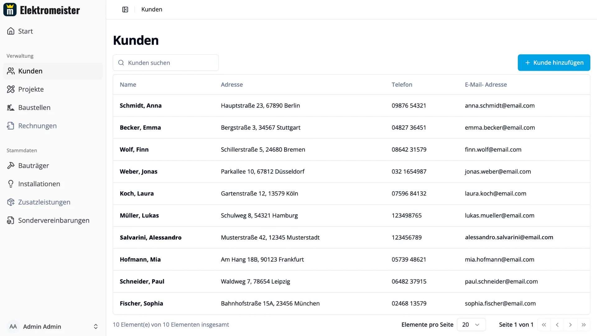 Screenshot der Kundenübersicht in Elektromeister, der eine Liste von Kunden mit ihren Adressen und Kontaktdaten zeigt - Digitale Elektroplanung im Hausbau