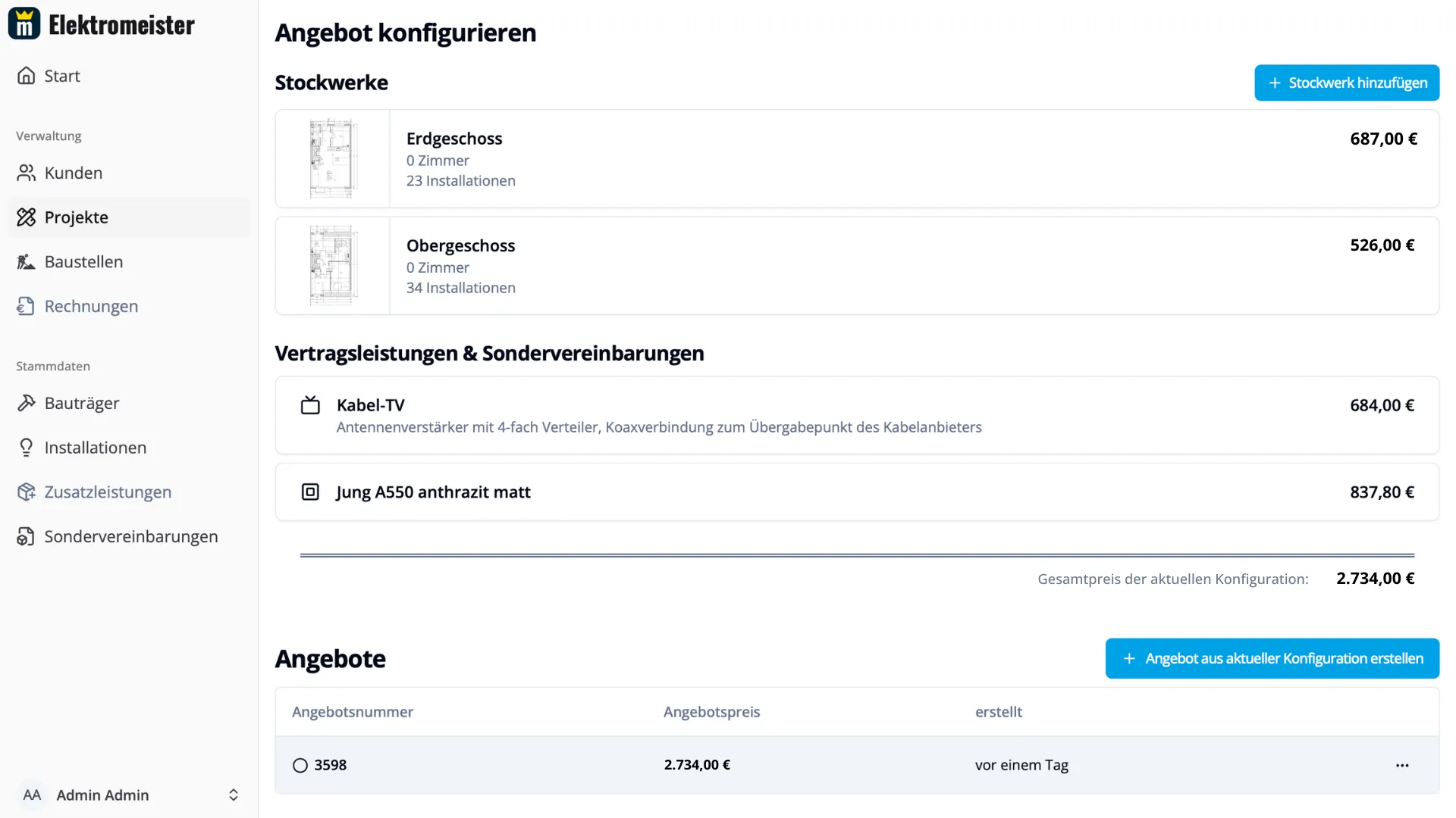 Screenshot der Angebotskonfiguration in Elektromeister, bei der Benutzer Stockwerke, Zusatzleistungen und Preise anpassen können - Digitale Elektroplanung im Hausbau