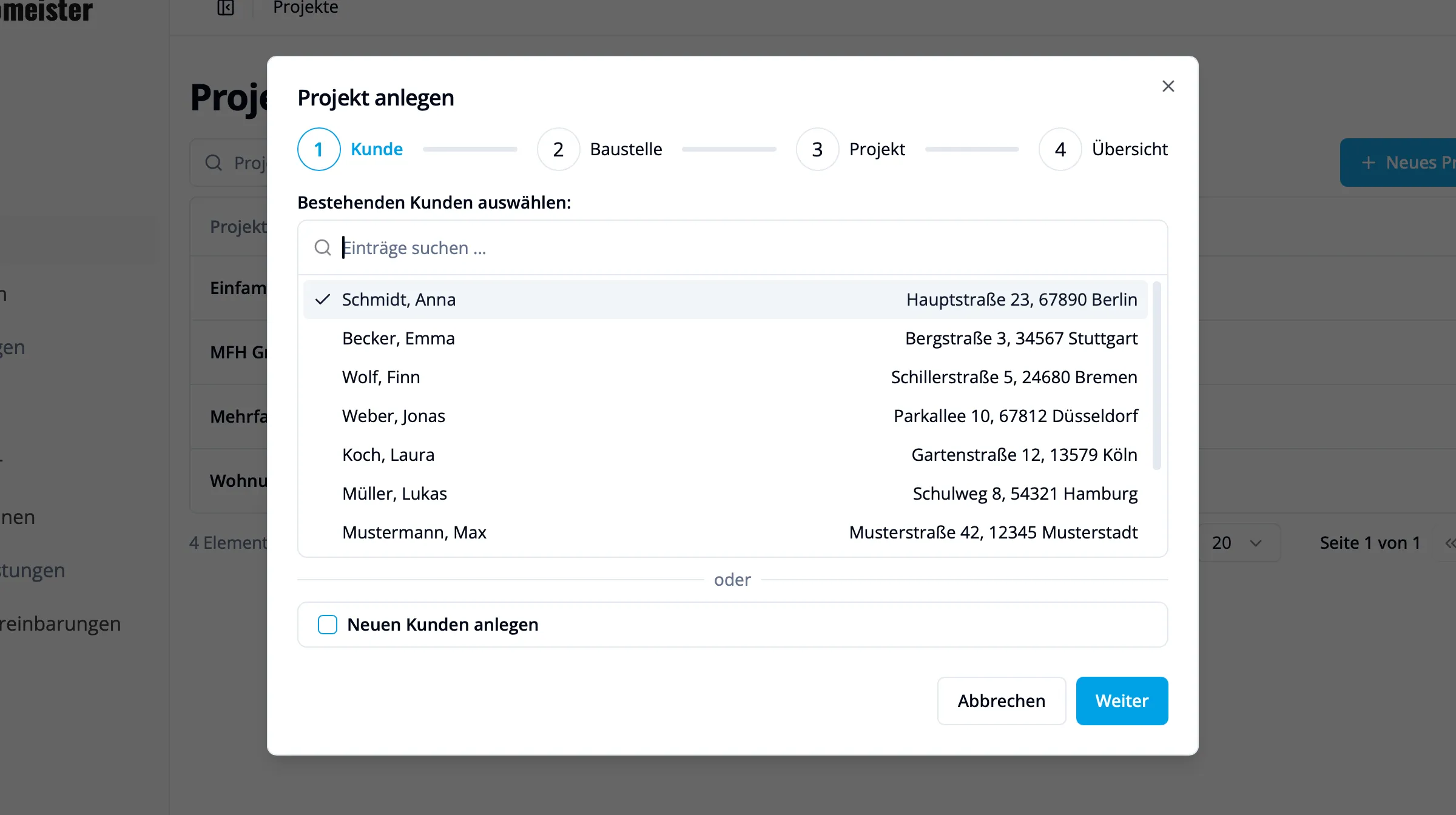 Screenshot der Benutzeroberfläche in Elektromeister, in dem ein neues Projekt angelegt wird und der Kunde aus einer Liste ausgewählt wird.