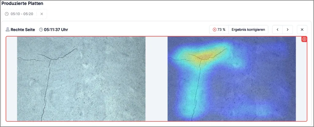 Prüfsoftware der Anlage: die Platte aus der Produktion um 05:11:37 Uhr, links die Kameraaufnahme mit dem Riss, rechts die KI-Heatmap, oben das Urteil mit 73 Prozent und die Schaltfläche Ergebnis korrigieren