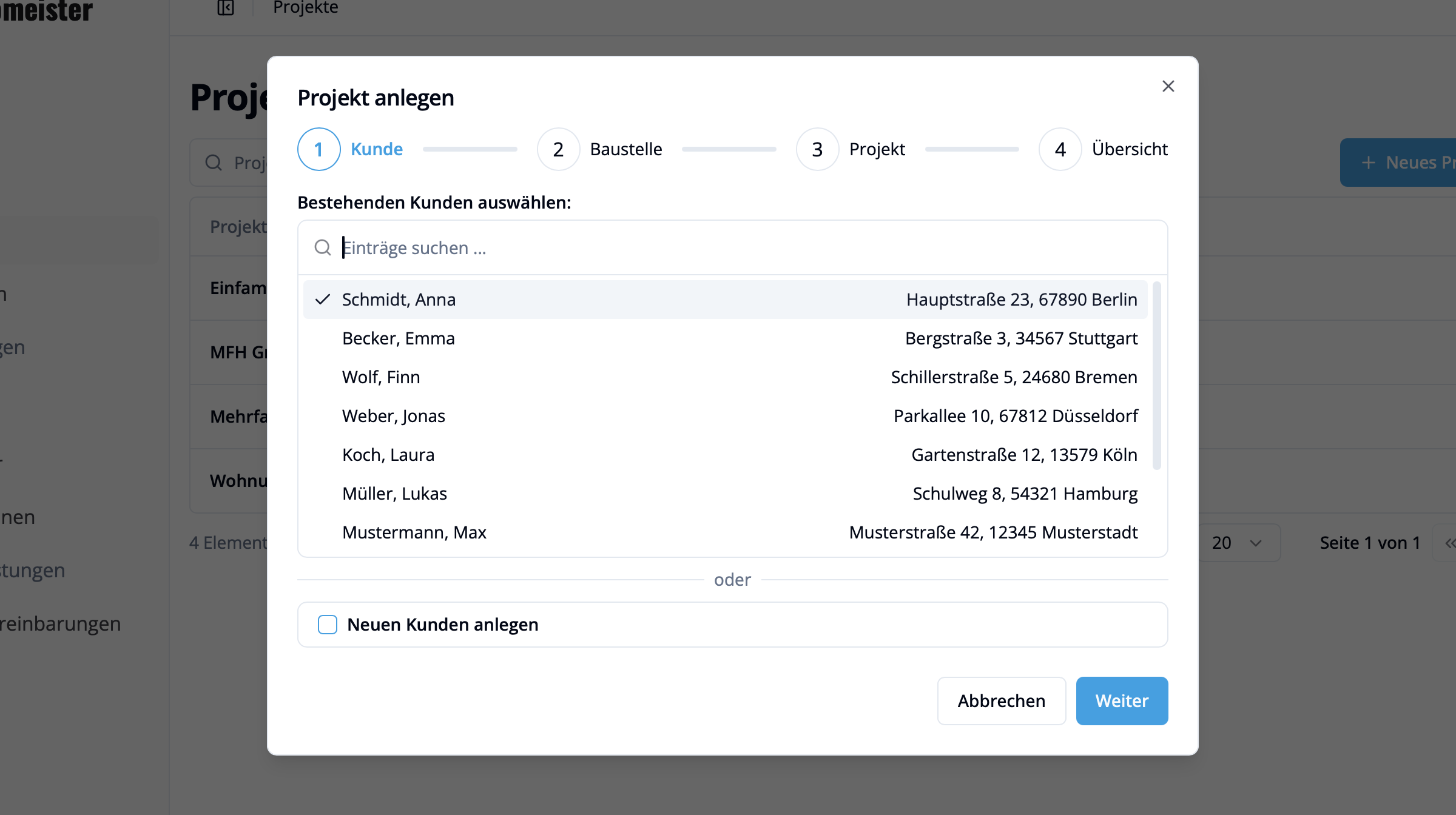 Screenshot der Benutzeroberfläche in Elektromeister, in dem ein neues Projekt angelegt wird und der Kunde aus einer Liste ausgewählt wird.