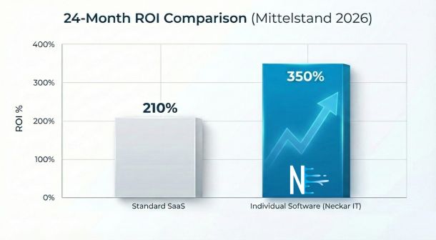 Infografik zum ROI-Vergleich: Individualsoftware (350%) vs. Standardsoftware (210%) bei der Prozessautomatisierung