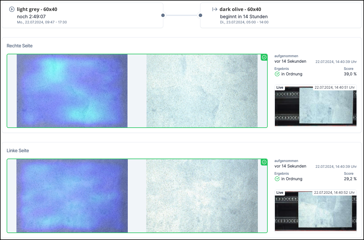 Live-Ansicht der KI Qualitätskontrolle Software mit Fließband-Scan